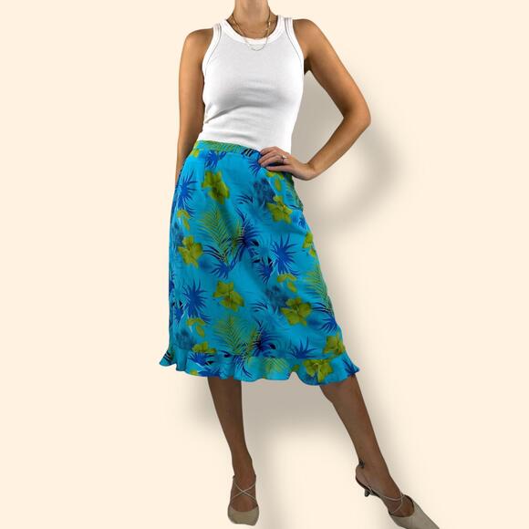 Women's Y2K Tropical Hawaiian Print Ruffle Midi Skirt Size L - Picture 1 of 4